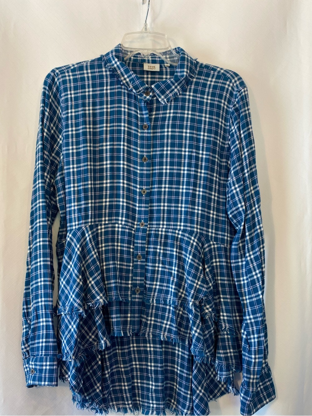 True Craft Women's Blue Plaid Asymmetric Ruffle Peplum Button-Down Blouse MD